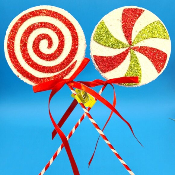 Festive Holiday Faux Lollipop Décor Red & Green Glitter Candy Pick Tree Wreath - Picture 2 of 10